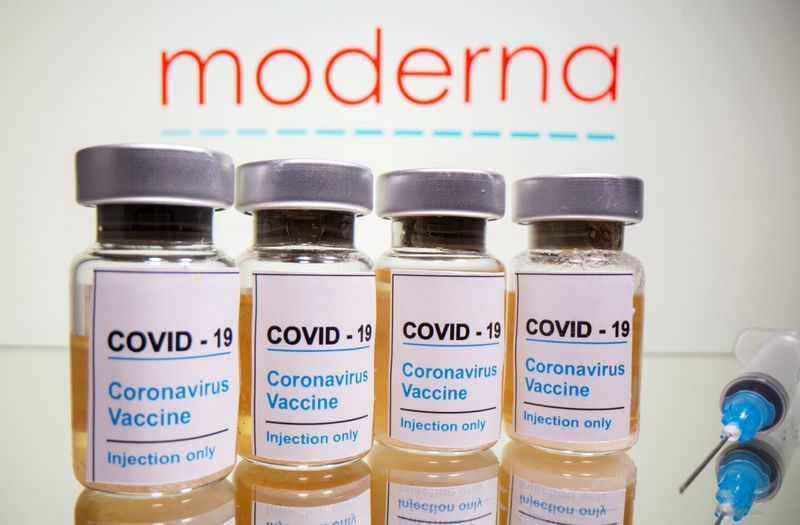 FILE PHOTO: Vials with a sticker reading "COVID-19/Coronavirus vaccine/Injection only" and a syringe are seen in front of a displayed Moderna logo in this illustration taken October 31, 2020. REUTERS/Dado Ruvic/Illustration/File Photo