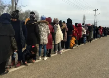 Për të shkuar drejtë Greqisë, refugjatët sirianë grumbullohen në kolonë në kufirin turk