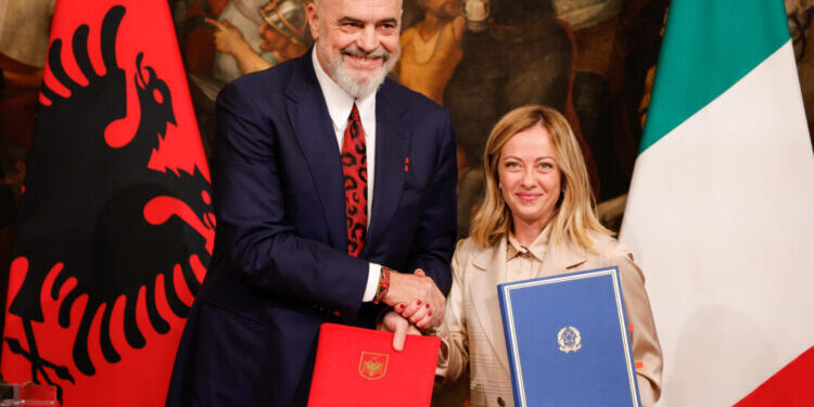 Italy's Prime Minister Giorgia Meloni, as he meets Albania s Prime Minister Edi Rama at Chigi Palace, in Rome, Italy 6 November 2023. ANSA/GIUSEPPE LAMI