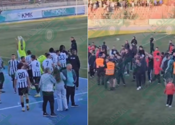 Kaos në Korçë pas ndeshjes/ Tifozët sulmojnë futbollistët e Laçit gjatë festës –